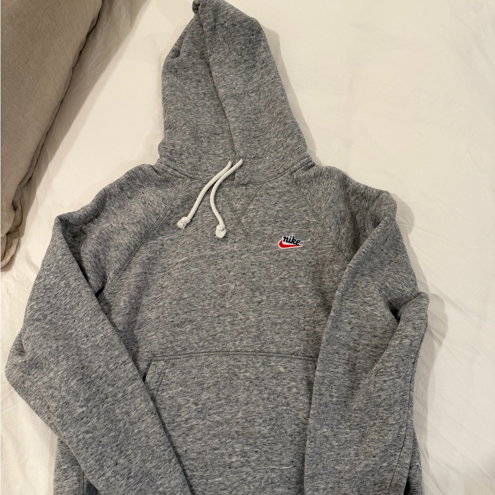 Nike Light Gray Pullover Hoodie with White Drawstrings